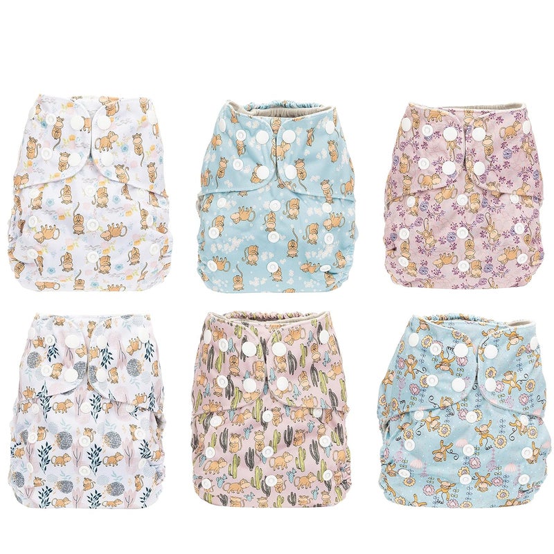 Simple Being Reusable Cloth Diapers, Double Gusset, One Size Adjustable, Washable Soft Absorbent, Waterproof Cover, Eco-Friendly Unisex Baby Girl Boy, six 4-Layers Microfiber Inserts (Monkey) - Image 3