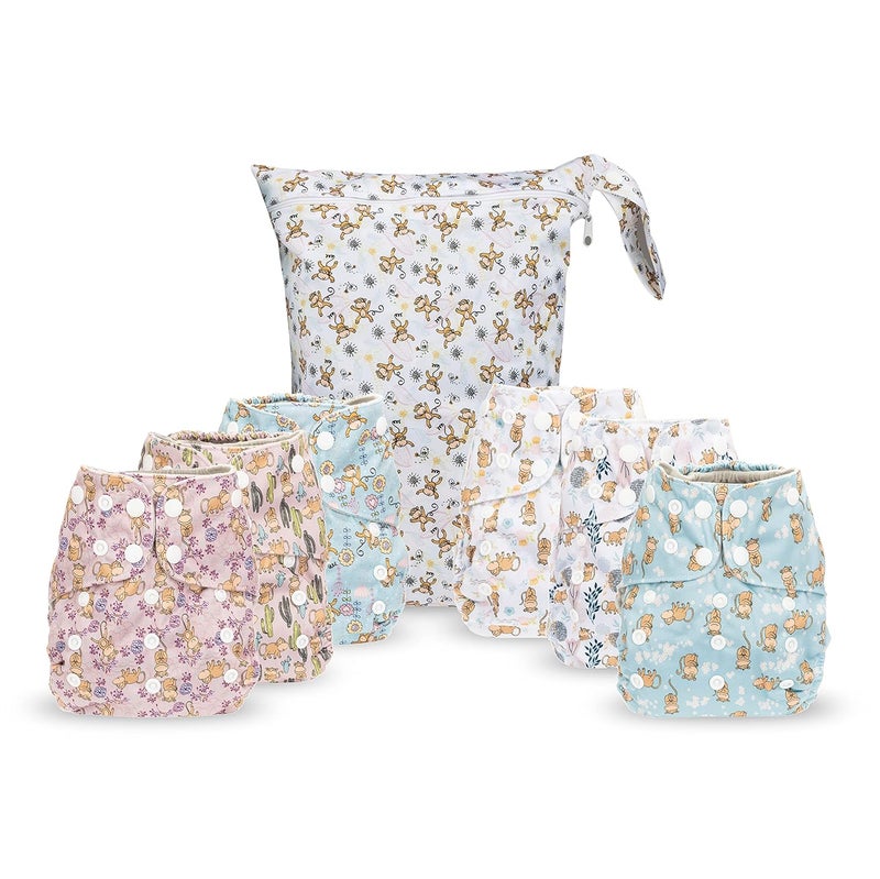 Simple Being Reusable Cloth Diapers, Double Gusset, One Size Adjustable, Washable Soft Absorbent, Waterproof Cover, Eco-Friendly Unisex Baby Girl Boy, six 4-Layers Microfiber Inserts (Monkey) - Image 1