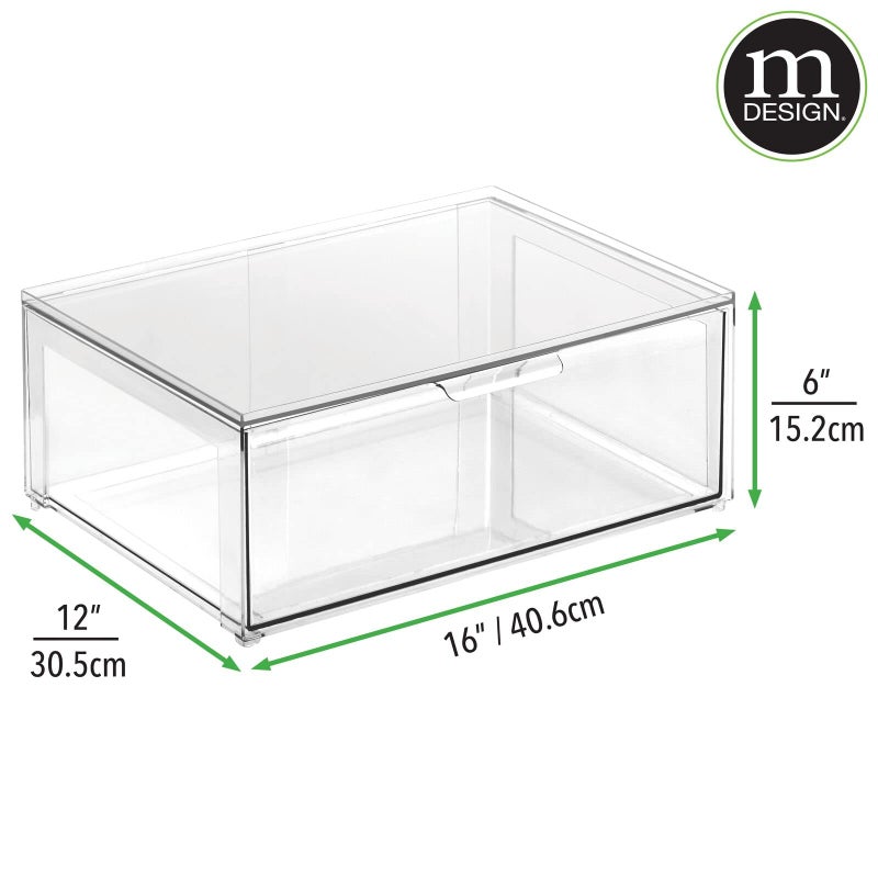 mDesign Plastic Stackable Kitchen Storage Organizer Bin Containers with Front Pull Drawer for Cabinet, Pantry, Fridge, Freezer, Shelf, Refrigerator Organization - Lumiere Collection - Clear - Image 3