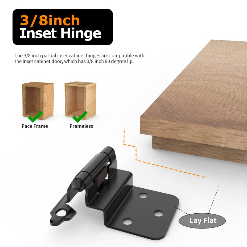 Chibery 3/8 Inch Inset Cabinet Hinges, 25 Pairs(50 Pack) Self Closing Flush Face Mount Hinges with Door Bumper, Variable Decorative Hardware for Bathroom, Furniture, Kitchen Cabinet Doors, Matte Black - Image 3