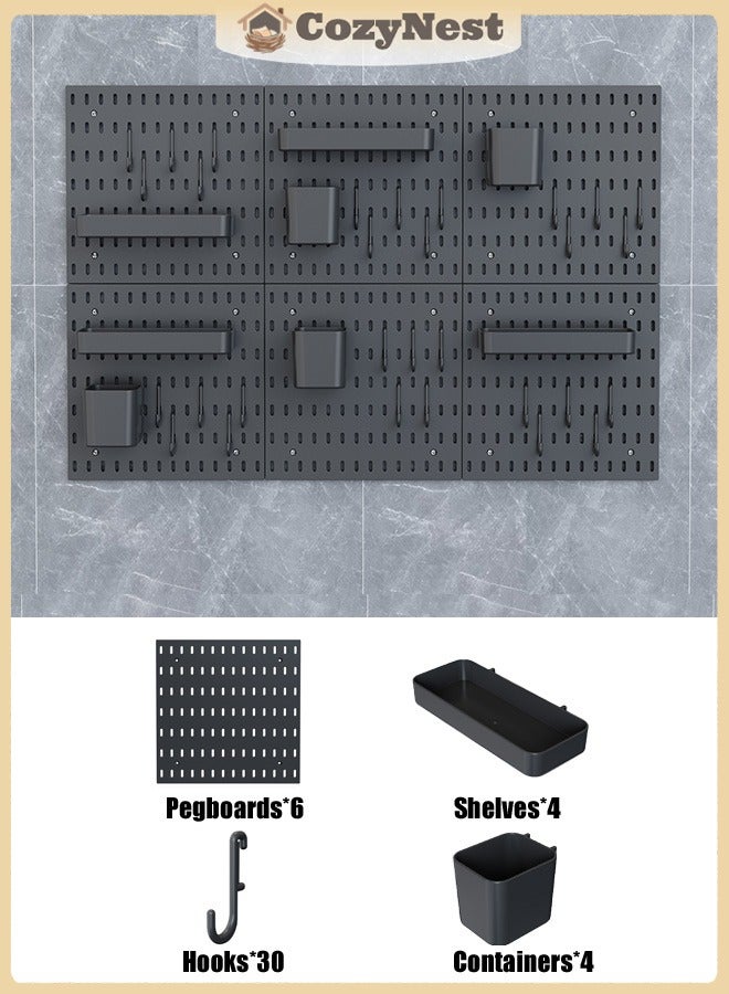 كوزينيست طقم منظم حائط بسطح مثقب مكون من 6 قطع باللون الأسود، رف تخزين وعرض جداري، تصميم معياري للتعليق على الحائط، منظم جداري للتزيين المنزلي والمكتبي، منظم جداري للمنزل والمكتب - Image 1