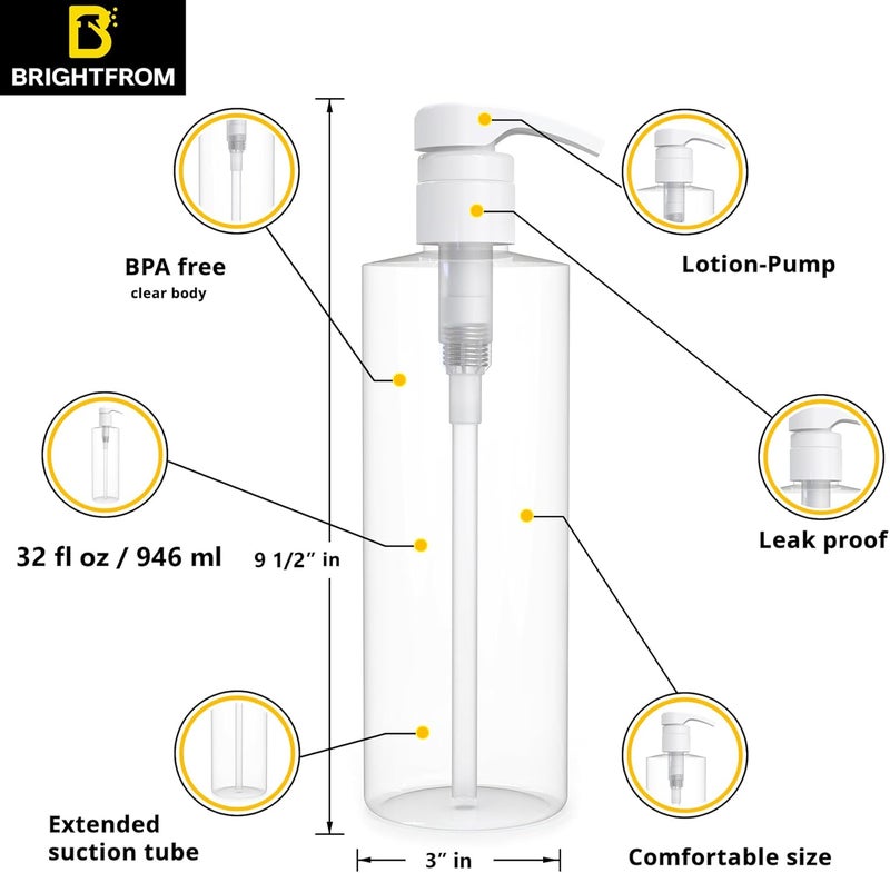 BRIGHTFROM Empty Shampoo Pump Bottles 32 OZ  1 Liter BPAFree Cylinder Containers Household  Commercial Use 2 Pack  Leak Proof - Image 2