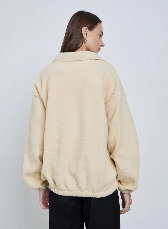 Styli Cream Oversized Collared Fleece Jacket