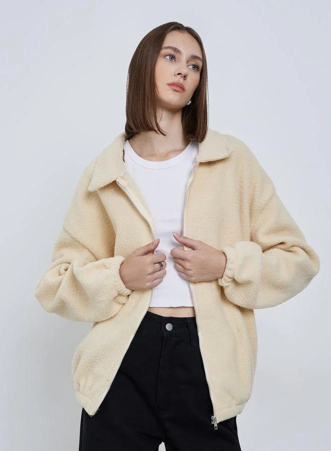 Styli Cream Oversized Collared Fleece Jacket