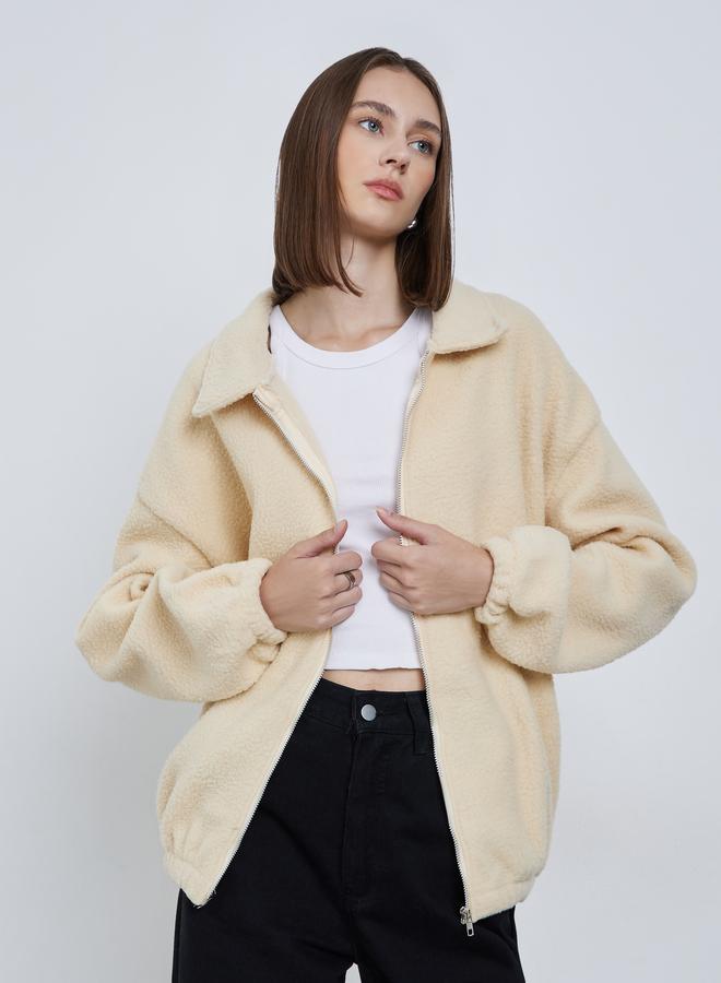 Styli Cream Oversized Collared Fleece Jacket - Image 1