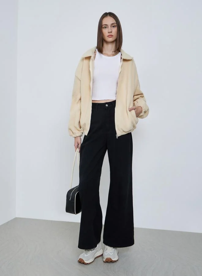 Styli Cream Oversized Collared Fleece Jacket