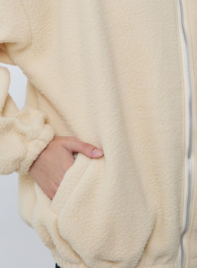 Styli Cream Oversized Collared Fleece Jacket - Image 4
