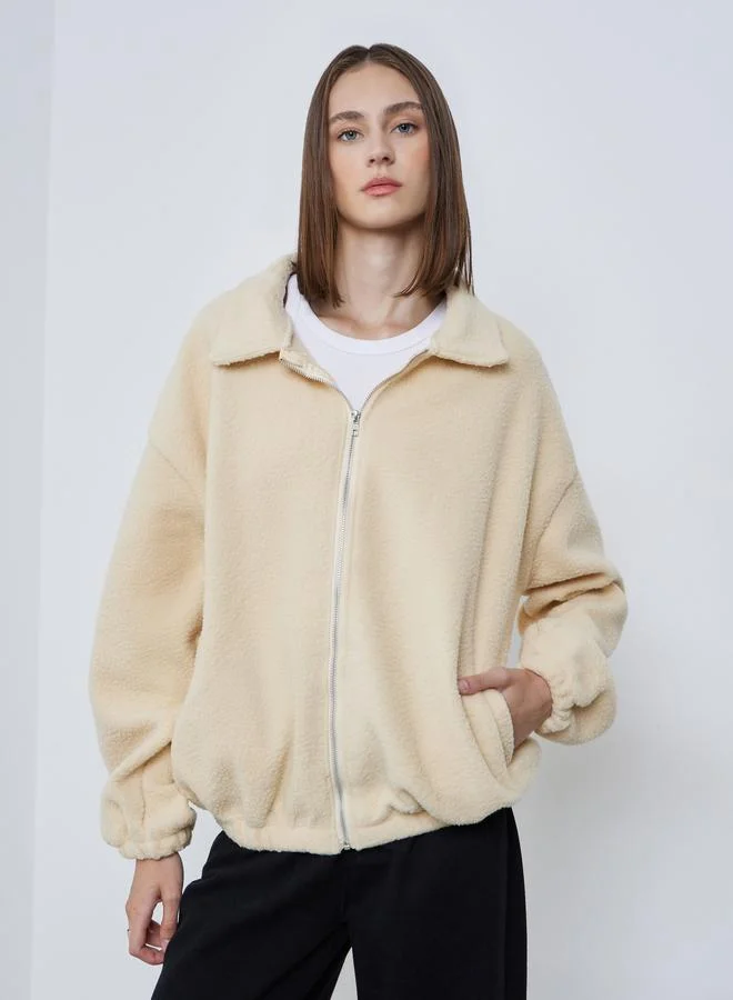Styli Cream Oversized Collared Fleece Jacket
