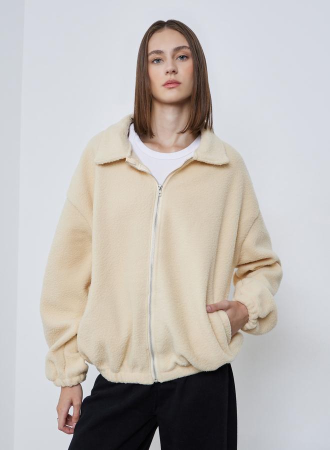 Styli Cream Oversized Collared Fleece Jacket - Image 3