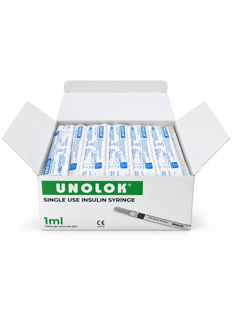 ينولوك  حقنة أنسولين UNOLOK سعة 1 مل (مقاس 30G × 8 مم) – حقن معقمة تستخدم لمرة واحدة، 100 قطعة - Image 1