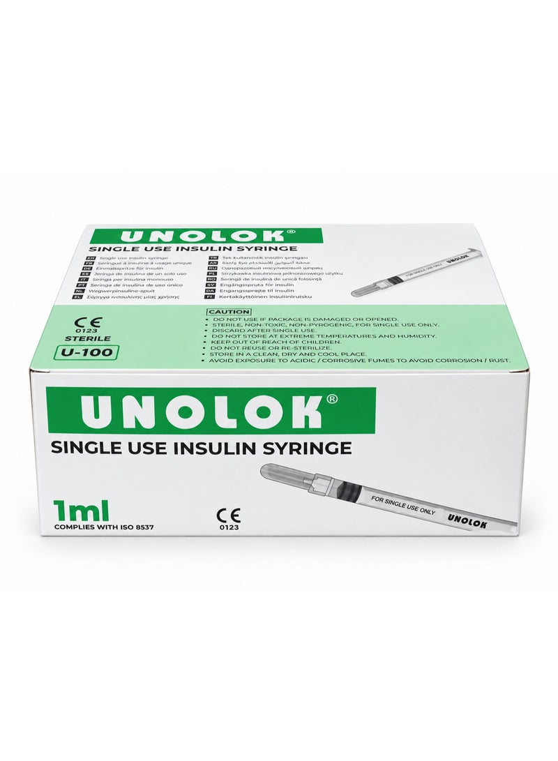ينولوك  حقنة أنسولين UNOLOK سعة 1 مل (مقاس 30G × 8 مم) – حقن معقمة تستخدم لمرة واحدة، 100 قطعة - Image 2