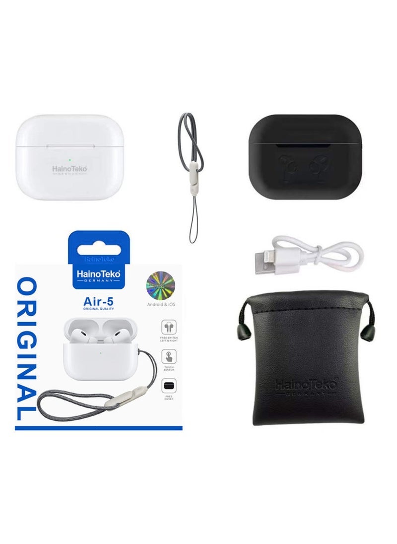 HainoTeko Air-5 Wireless Bluetooth Earbuds – True Wireless In-Ear Headphones with Touch Control, Auto Power On/Off, Built-in Microphone, Noise Isolation, Long Battery Life, Charging Case, iOS & Android Compatible Earphones – White | Compact & Stylish - Image 2