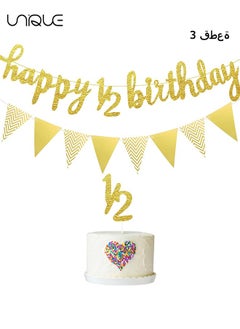 Unique 3Pcs-6 Months Banner Happy Birthday Banner Happy 1/2 Birthday Banner Glitter 1/2 Half Year Cake Topper Triangle Flag Banner for Half Year Baby Shower Birthday Party Decoration, Pre-strung (Gold)  - Image 1
