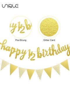 Unique 3Pcs-6 Months Banner Happy Birthday Banner Happy 1/2 Birthday Banner Glitter 1/2 Half Year Cake Topper Triangle Flag Banner for Half Year Baby Shower Birthday Party Decoration, Pre-strung (Gold)  - Image 3