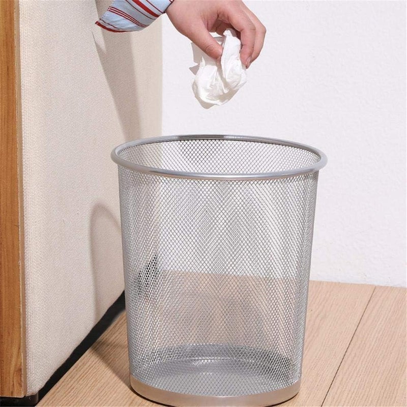SHOWAY Small Trash Can Metal Mesh Round Trash Can Paper Basket Kitchen Bedroom Office Rubbish Waste Bins Holder Can Household Home Cleaning Tools (Color : Black) - Image 1