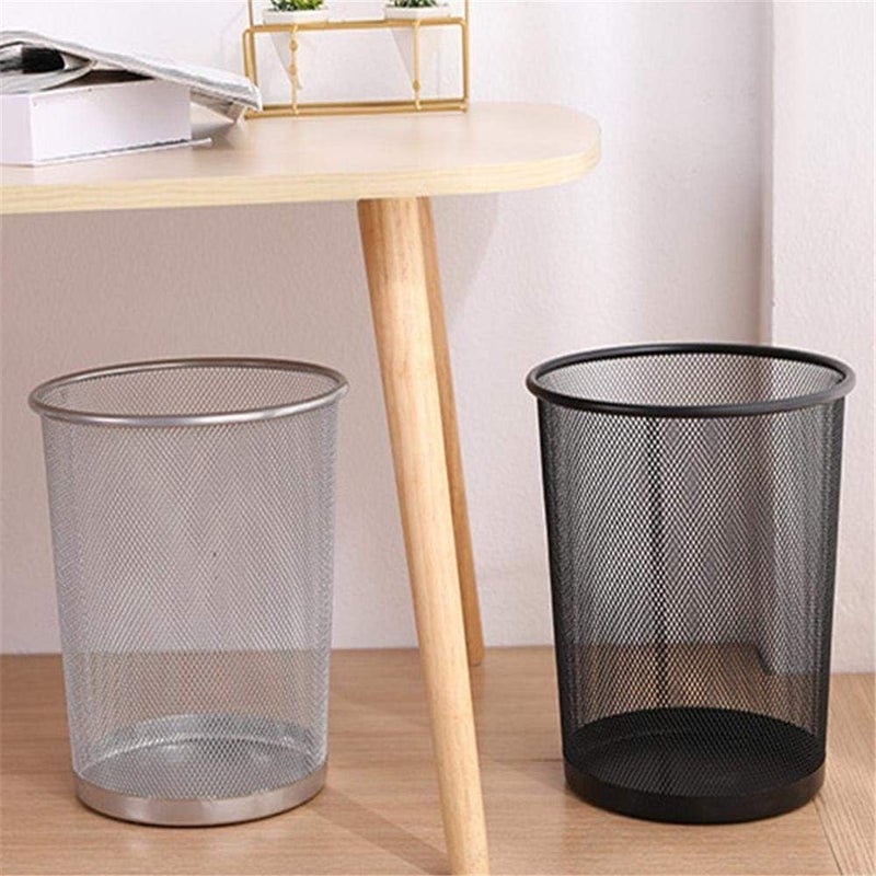 SHOWAY Small Trash Can Metal Mesh Round Trash Can Paper Basket Kitchen Bedroom Office Rubbish Waste Bins Holder Can Household Home Cleaning Tools (Color : Black) - Image 2