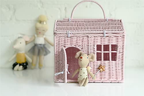 Rool Rattan House Shaped Basket Wicker Small Dollhouse Gift for Girls Boho Toys Mouse in a Box House Little Girl Purse Clutch Doll Carrier Pink - Image 5
