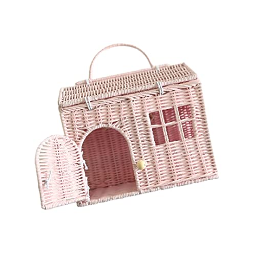 Rool Rattan House Shaped Basket Wicker Small Dollhouse Gift for Girls Boho Toys Mouse in a Box House Little Girl Purse Clutch Doll Carrier Pink - Image 1