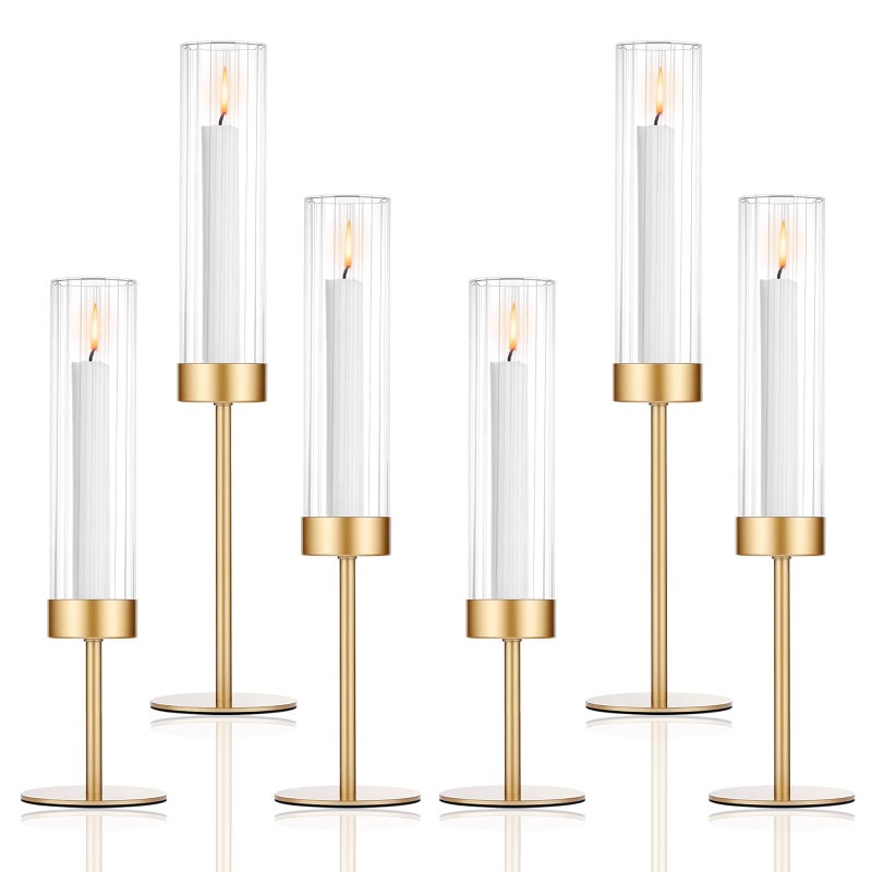POKINE Tall Hurricane Candle Holders Set of 6 Gold Glass Taper Candlestick Holders for Wedding Christmas Dining Table Party Home Decor - Image 2