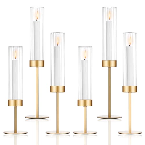 POKINE Tall Hurricane Candle Holders Set of 6 Gold Glass Taper Candlestick Holders for Wedding Christmas Dining Table Party Home Decor - Image 1
