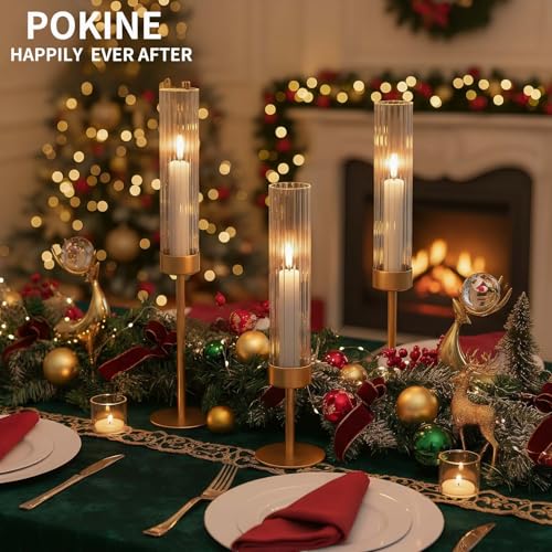 POKINE Tall Hurricane Candle Holders Set of 6 Gold Glass Taper Candlestick Holders for Wedding Christmas Dining Table Party Home Decor - Image 3