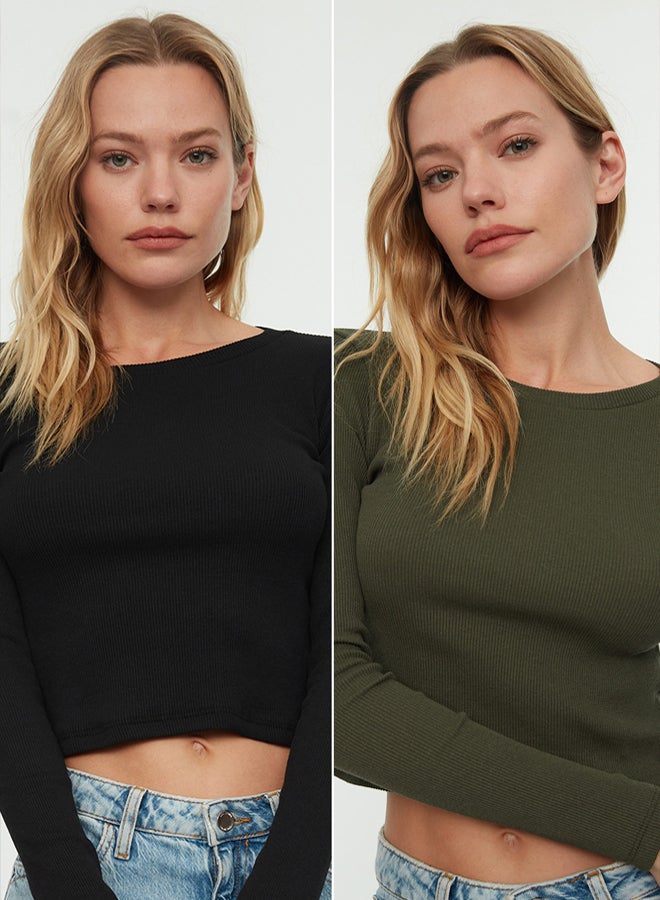 trendyol BlackKhaki 2 Pack Fitted Crew Neck Crop Ribbed Stretchy Knitted Blouse - Image 2