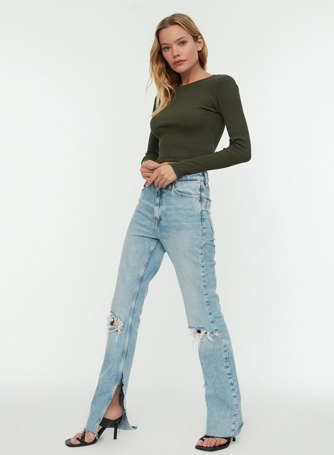 trendyol BlackKhaki 2 Pack Fitted Crew Neck Crop Ribbed Stretchy Knitted Blouse - Image 4