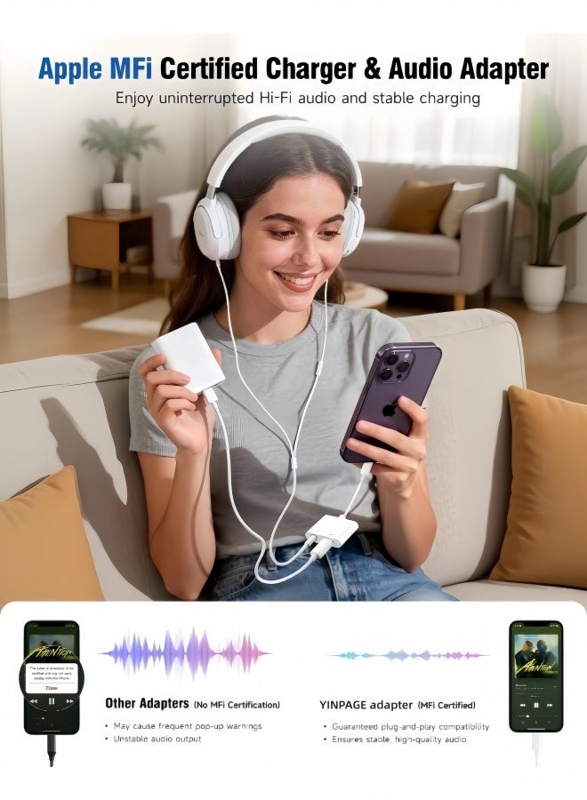 YINPAGE Lightning to 3.5mm Adapter  [ MFi Certified] | 2-in-1 Charger & Aux Splitter Dongle | No Pop-Up for iPhone 14 13 12 11 XS XR 8 7 Series （White Bluetooth model） - Image 4