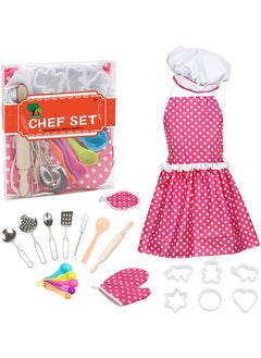 LENND Kids Cooking Baking Set 22Pcs, Kids Chef Role Play Costume Set - Chef Hat and Matching Pink Apron Children Dress up Pretend Gift for 3 4 5 6 7 8 Year Old Girls Toys  - Image 1
