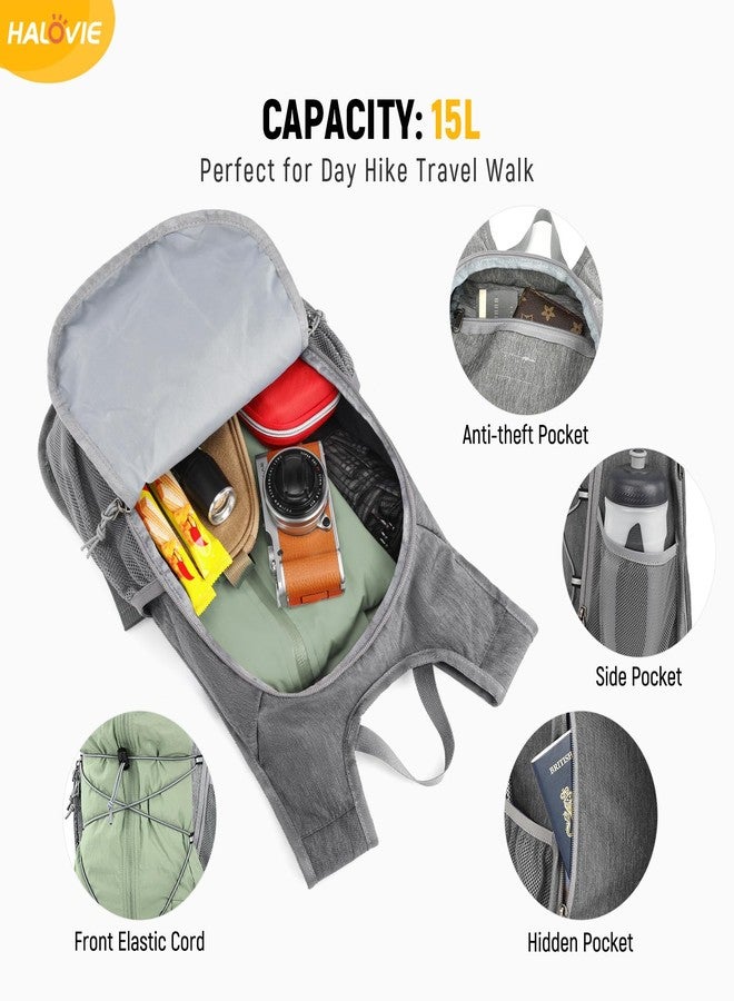 HALOVIE 15L Foldable Hiking Backpack Phone Pocket Lightweight Travel Daypack Shoulder with Chest Strap Small Packable Pack for Walking Women Men (Lightgray) - Image 3