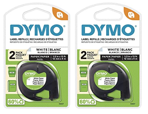 شريط ملصقات ورقي أبيض ذاتي اللصق Dymo 10697 لجهاز LetraTag - عبوتان و 4 إعادة تعبئة - أسود على أبيض - عبوة من 2