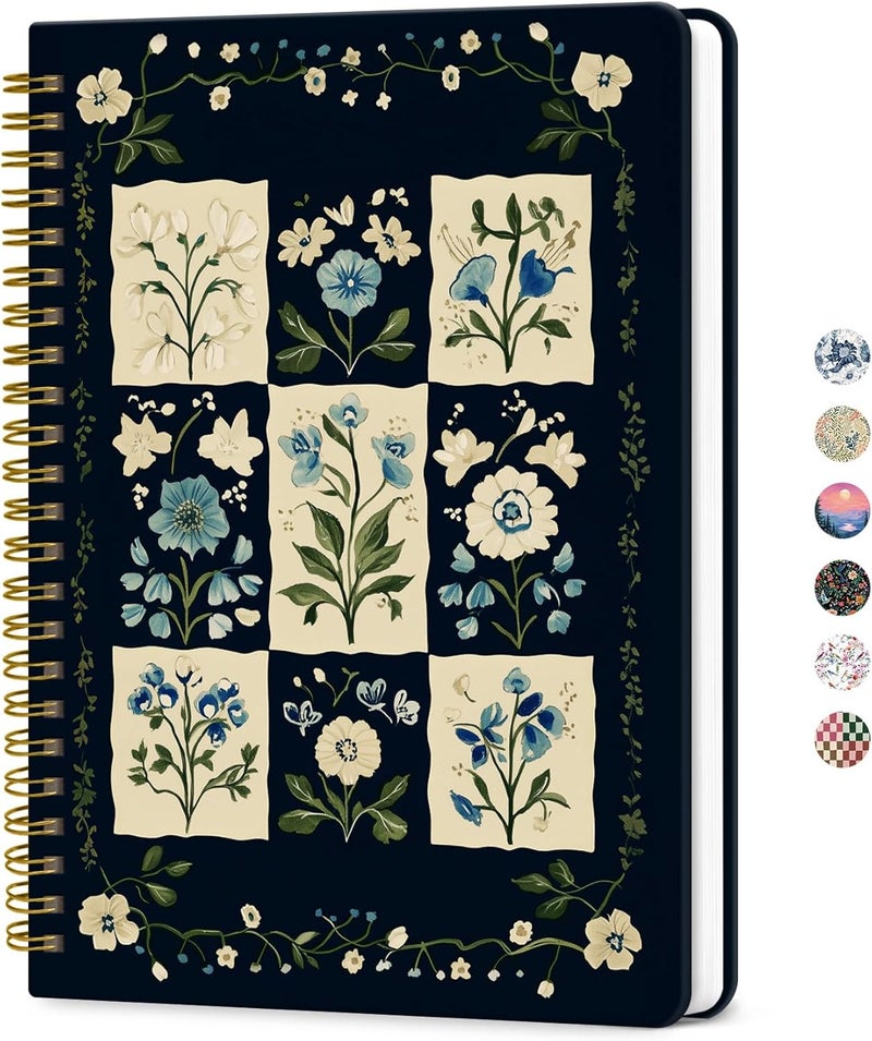 ZOTIA Lined Spiral Journal Notebook for Women, A5 College Ruled Journals for Writing, Hardcover Notebooks for Work, Note Taking and Office School Supplies, 140 Pages - Blue Patchwork - Image 1