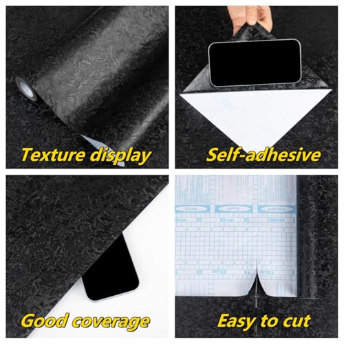 Abyssaly Black Textured Peel and Stick Wallpaper - Vintage Embossed Contact Paper - Waterproof Self Adhesive Removable Vinyl Roll for Wrapping Paper Bathroom Bedroom Shelf Liner 15.7" x 118" - Image 5