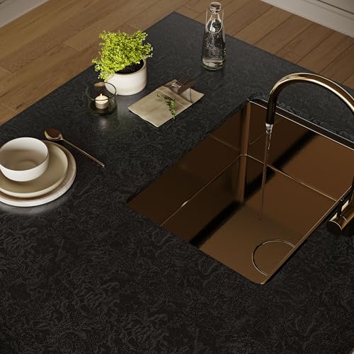 Abyssaly Black Textured Peel and Stick Wallpaper - Vintage Embossed Contact Paper - Waterproof Self Adhesive Removable Vinyl Roll for Wrapping Paper Bathroom Bedroom Shelf Liner 15.7" x 118" - Image 4