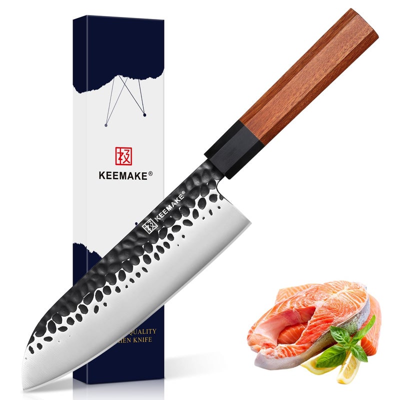 KEEMAKE Santoku Knife 7 inch Chef Knife Japanese 440C Stainless Steel Kitchen Knife Porfessional Cooking Knife for Meat Cutting with G10 Bolster Octagonal Wood Handle