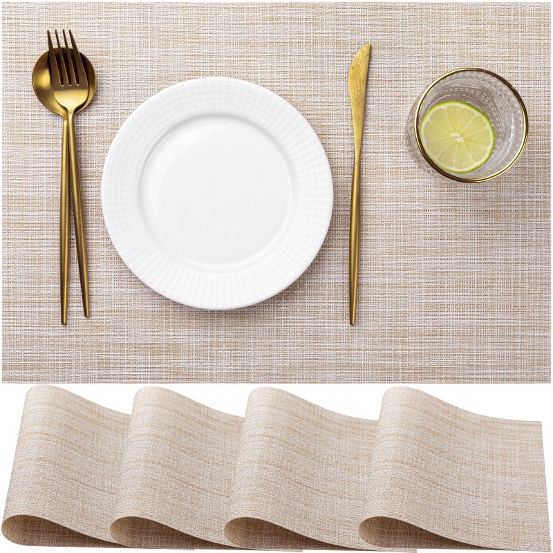 LEXMORE Placemats Set of 4 Vinyl/Plastic Woven Place Mats for Kitchen Table Indoor/Outdoor Washable Placemat Wipeable Dining Table Mats(A-Beige) - Image 1