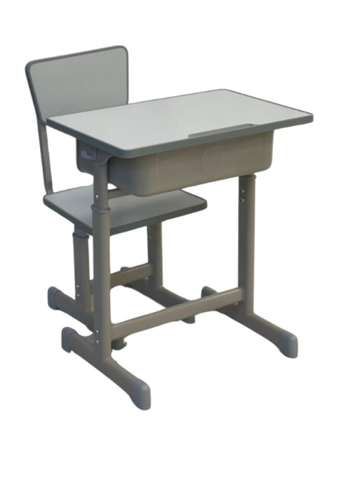 A children's study desk set consisting of 4 pieces (two tables and two chairs), a chair and a study table An educational desk set made of iron and fiber