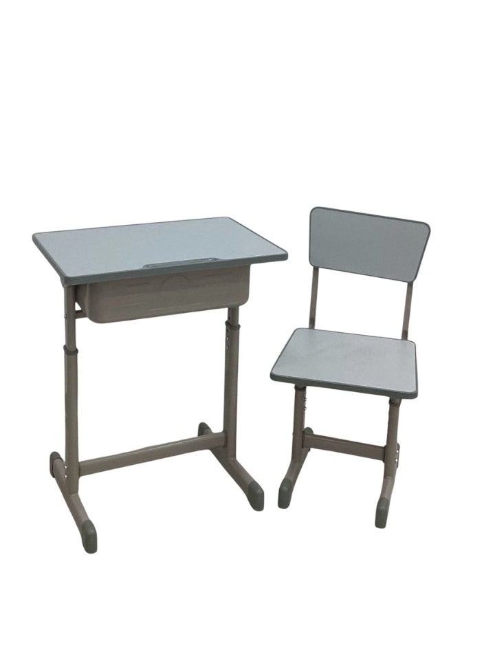 A children's study desk set consisting of 4 pieces (two tables and two chairs), a chair and a study table An educational desk set made of iron and fiber