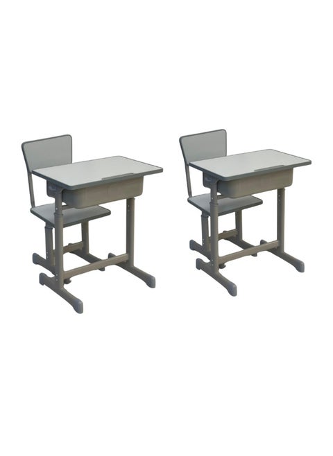 A children's study desk set consisting of 4 pieces (two tables and two chairs), a chair and a study table An educational desk set made of iron and fiber
