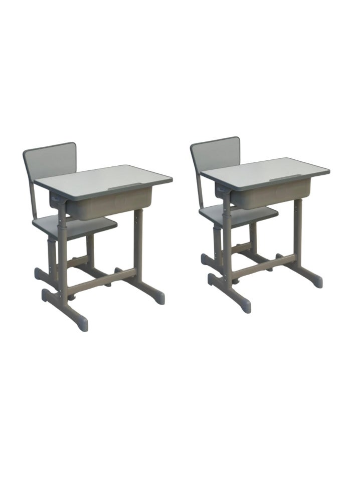 A children's study desk set consisting of 4 pieces (two tables and two chairs), a chair and a study table An educational desk set made of iron and fiber