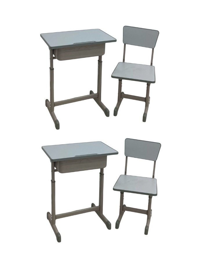 A children's study desk set consisting of 4 pieces (two tables and two chairs), a chair and a study table An educational desk set made of iron and fiber