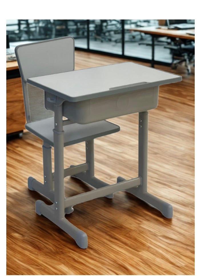A children's study desk set consisting of 4 pieces (two tables and two chairs), a chair and a study table An educational desk set made of iron and fiber