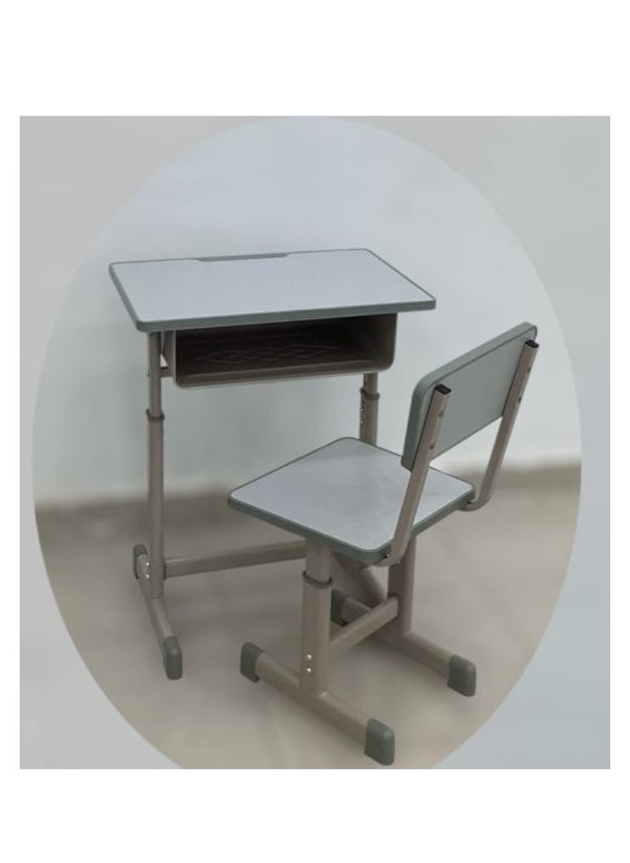 A children's study desk set consisting of 4 pieces (two tables and two chairs), a chair and a study table An educational desk set made of iron and fiber