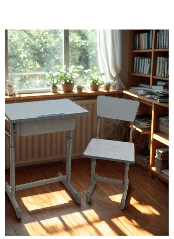 A children's study desk set consisting of 4 pieces (two tables and two chairs), a chair and a study table An educational desk set made of iron and fiber