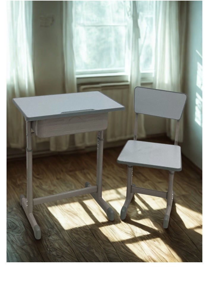 A children's study desk set consisting of 4 pieces (two tables and two chairs), a chair and a study table An educational desk set made of iron and fiber