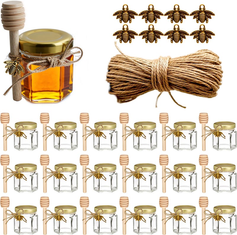 Adabocute Honey Pot, Mini Honey Jars with Dipper, Glass Honey Jars Baby Shower Favors, Party Favors & Wedding Favors, Gold Lid, Bee Pendants, Gold Organza Bags, 20 Pack 1.5oz - Image 1