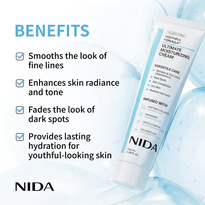 NIDA Youthful Formulaâ„¢ Ultimate Moisturizing Cream | Centella Asiatica, Niacinamide, Hyaluronic Acid, Collagen | Wrinkles, Fine Lines, Dark Spots, Dry Skin, Redness | 3.38 fl. oz., 100ml (New Formula) - Image 2