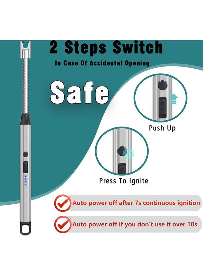 كابتن تيك ولاعة قوسية كهربائية قابلة لإعادة الشحن بزاوية 360 درجة مقاومة للرياح عديمة اللهب برقبة طويلة من النوع C مزودة بشاشة LED للبطارية ومفتاح أمان فضي 26 x 1.5 x 1.5سم - Image 4