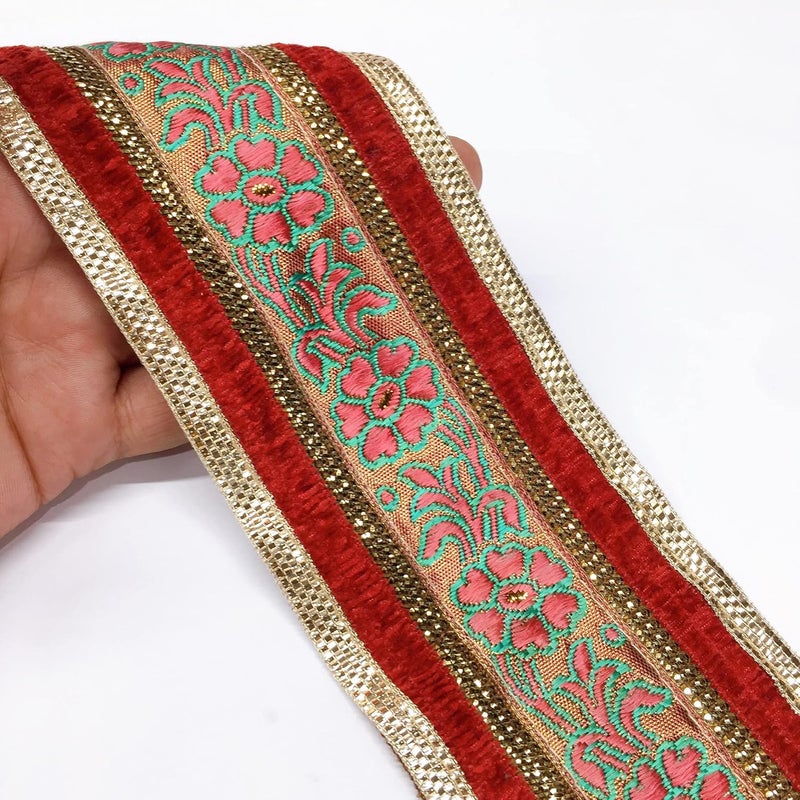 Lami لأمي 9 متر خوخي وأحمر مع حافة ذهبية تصميم زهري عمل نسج دانتيل مع عمل زري ذهبي، حافة دانتيل ساري بناراسي، شال لهنغا عروس، ملابس أناركالي، إكسسوارات الموضة الهندية - Image 1