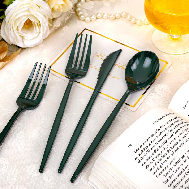 PULOTE 150PCS Green Plastic Silverware - Plastic Cutlery Set Disposable - Green Plastic Utensils Include 50 Forks  50 Spoons  50 Knives for Party&Christmas - Image 3